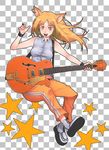  animal_ears brown_hair copyright_request double_vertical_stripe earrings g-room_honten guitar happy instrument jewelry long_hair platform_footwear sleeveless solo 