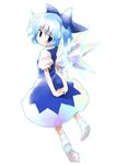  back bangs blue_bow blue_dress blue_eyes blue_hair bow cirno dress full_body hair_bow hands_together ice ice_wings looking_back no_shoes puffy_short_sleeves puffy_sleeves short_hair short_sleeves simple_background socks solo suka touhou white_background wings 