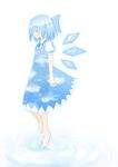  barefoot blue_hair cirno closed_eyes feet floating hiraga_matsuri ripples see-through short_hair sky_print solo touhou water wings 