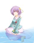  bad_feet barefoot hane_(hanegoya) komeiji_satori looking_at_viewer partially_submerged purple_eyes purple_hair short_hair sitting solo touhou water 