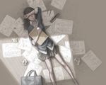  bag brown_hair covering_eyes digital_media_player drawing dress_shirt earphones eraser ipod long_legs lying oekaki_musume on_back original paper pencil shirt sketchbook skirt sleeves_folded_up solo sweater tombow_mono utu_(ldnsft) wooden_pencil 