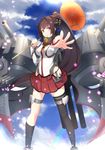  asymmetrical_legwear bare_shoulders brown_eyes brown_hair cloud kantai_collection kujou_ichiso oriental_umbrella petals ponytail single_thighhigh skirt sky solo thighhighs umbrella yamato_(kantai_collection) 