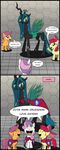  blue_hair blush bow cape changeling clothing comic crown cub cutie_mark_crusaders_(mlp) dialog english_text equine eyes_closed fangs female feral friendship_is_magic fur green_eyes green_hair group hair horn horse long_hair looking_at_viewer mammal my_little_pony open_mouth orange_fur pegasus pony purple_eyes purple_hair queen_chrysalis_(mlp) r-c-h red_hair royalty scootaloo_(mlp) smile sweetie_belle_(mlp) teeth text tongue two_tone_hair unicorn white_fur winged_unicorn wings yelling young 