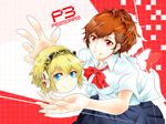  aegis_(persona) arkatopia blonde_hair blue_eyes bow brown_hair bug butterfly female_protagonist_(persona_3) insect multiple_girls persona persona_3 persona_3_portable red_eyes ribbon school_uniform 