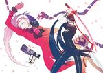  2girls bayonetta bayonetta_(character) black_hair glasses gun jeanne_(bayonetta) lying multiple_girls seitsuji sword weapon white_hair 