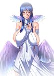  angel_wings bare_shoulders between_breasts blue_eyes blue_hair blush breasts covered_navel crying detached_sleeves dress hair_between_eyes hand_between_breasts hand_on_own_chest highres large_breasts long_hair mahou_shoujo_(raita) nose_blush r-wade sidelocks sleeves_past_wrists solo suzuhara_misae sweat tears white_background white_dress wings 