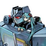  aqua_eyes aqua_hair artist_name crossover decepticon detached_sleeves hatsune_miku headphones long_hair mecha rkp robot science_fiction screen skirt soundwave tablet_pc thighhighs transformers very_long_hair vocaloid white_background 