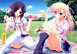  2girls absurdres ama_ane bangs bent_knees blonde_hair blue_legwear blue_sky blush bow brown_hair cloud duo eating female food grass hair_bow hair_down hair_ornament hairclip highres lingerie long_hair looking_at_viewer multiple_girls obento obentou open_mouth panties picnic ponytail scan school_uniform short_sleeves sitting sky smile takashina_natsumi thermos thighhighs tree underwear uniform white_legwear yashima_otome zettai_ryouiki 