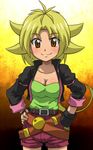  1girl awa beyblade blonde_hair blush breasts brown_eyes cleavage fingerless_gloves gloves jacket kurenai_ren metal_fight_beyblade 