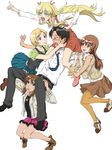  3girls angela_burton black_hair blonde_hair blue_eyes blush brown_eyes brown_hair crossdressing dress fang full_body genshiken glasses good_end hato_kenjirou highres madarame_harunobu mixed_harem multiple_boys multiple_girls necktie pantyhose sanadafelix sasahara_keiko skirt susanna_hopkins yellow_legwear 