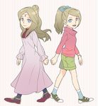  aaria_(layton) blue_eyes bow brown_hair casual circlet dress dual_persona hair_bow long_hair multiple_girls open_mouth pantyhose ponytail professor_layton shorts smile symmetry yuko30min 