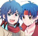  2boys absurdres blue_eyes blue_hair commentary_request dean_stark headband highres multiple_boys red_vest rody_roughnight scarf smile vest wild_arms wild_arms:_million_memories wild_arms_1 wild_arms_5 