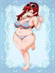  1girl ;p abuno bikini blue_eyes blush breasts earrings fat food heart ice_cream jewelry large_breasts long_hair one_eye_closed plump psychic_hearts red_hair smile solo sunglasses swimsuit thumbs_up tongue tongue_out wink 
