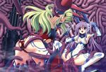  2girls absurdres ass bestiality bodysuit breasts extreme_content game_cg green_hair highres multiple_girls nipples purple_hair saitou_natsuki sex tentacle tentacles thighhighs torn_clothes yuugure_pairo 