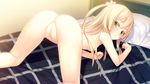  1girl anus areolae ass bed bed_sheet blonde_hair breasts censored game_cg green_eyes highres innocent_bullet innocent_bullet:_the_false_world legs long_hair looking_back nipples nude oosaki_shin&#039;ya oosaki_shin'ya pillow pussy small_breasts solo sweat thighs wet yasouji_ai 