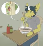  2012 anthro bottle bowl chair chopsticks claws clothing collar duo ear_piercing food geckonori geno green_eyes hair imminent_vore kirin nintendo noodles piercing pok&eacute;mon table treecko video_games vorarephilia vore watch 