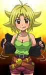  1girl awa beyblade blonde_hair blush breasts brown_eyes cleavage fingerless_gloves gloves jacket kurenai_ren metal_fight_beyblade tongue tongue_out 