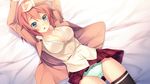  1girl arms_up bed blue_eyes blush breasts cameltoe cleavage game_cg highres innocent_bullet innocent_bullet:_the_false_world large_breasts legs lying oosaki_shin&#039;ya oosaki_shin'ya open_clothes open_mouth open_shirt panties pantyshot red_hair school_uniform shirt short_hair skirt solo thighs underwear upskirt white_panties 