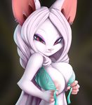  big_breasts breasts bust clothed clothing ear_piercing female fur hair long_hair looking_at_viewer mammal nipples piercing plain_background purple_eyes seductive skimpy solo thefuckingdevil undressing white_fur white_hair 