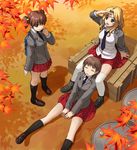  alisa_(girls_und_panzer) autumn_leaves backpack bag blazer blonde_hair blue_eyes box brown_hair girls_und_panzer highres jacket kay_(girls_und_panzer) leaf long_hair long_sleeves multiple_girls naomi_(girls_und_panzer) necktie open_mouth saunders_school_uniform school_uniform shirt short_hair short_twintails sitting skirt smile thighhighs tree twintails very_short_hair yudoufu_(yudouhu) 