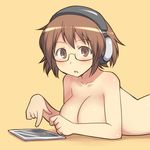  aaaa blush breast_press breasts brown_eyes brown_hair glasses headphones highres large_breasts looking_at_viewer lying nude on_stomach open_mouth original short_hair simple_background solo tablet tablet_pc 