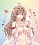  :d ahoge ant_(fenixant) between_breasts blush breasts brown_hair cleavage cup detached_sleeves hairband headgear japanese_clothes kantai_collection kongou_(kantai_collection) long_hair looking_at_viewer medium_breasts navel no_bra open_clothes open_mouth purple_eyes ribbon-trimmed_sleeves ribbon_trim shiny shiny_skin smile solo teacup translated 