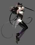  1girl black_hair blake_belladonna boots ein_lee einlee long_hair looking_at_viewer official_art rwby sheath simple_background solo sword thighhighs weapon yellow_eyes 