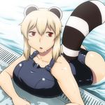  animal_ears araiguma-san ass blonde_hair breast_press breasts collarbone huge_breasts one-piece_swimsuit original parted_lips poolside raccoon_ears raccoon_tail red_eyes school_swimsuit short_hair solo swimsuit tail tsukudani_(coke-buta) wet 