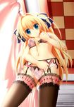  black_legwear blonde_hair blue_eyes bow bow_bra bow_panties bra checkered checkered_ceiling curtains frilled_legwear garter_belt highres hoshizora_e_kakaru_hashi hoshizora_e_kakaru_hashi_aa long_hair nanairo_fuusen nanamori_seira panties pink_bra pink_panties plaid plaid_bra plaid_panties solo thighhighs underwear wavy_mouth 