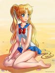  adapted_costume barefoot beach bishoujo_senshi_sailor_moon blonde_hair blue_eyes blue_sailor_collar bow double_bun feet long_hair looking_to_the_side navel navel_cutout one-piece_swimsuit racoon-kun red_bow sailor_collar sailor_one-piece_swimsuit sitting solo stomach swimsuit tsukino_usagi twintails wariza 
