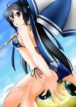  :o ass barefoot bikini black_hair blush body_blush bow fingernails floral_print hair_bow highres long_fingernails long_hair looking_back patterned phantasy_star phantasy_star_online_2 pointy_ears rappy red_eyes side-tie_bikini sumeragi_tomo swimsuit twintails umbrella 