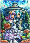  2girls amber_eyes blue_eyes blush bonbon_(my_little_pony) bouquet dress elbow_gloves emperpep flower gazebo gloves lyra_heartstrings multicolored_hair multiple_girls my_little_pony my_little_pony_friendship_is_magic personification tail tree tuxedo two-tone_hair wedding wedding_dress yellow_eyes yuri 