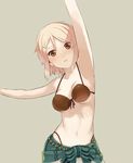  bikini blonde_hair brown_eyes green_sarong hair_ornament hairclip highres mabinogi norupaa sarong short_hair simple_background solo striped striped_sarong swimsuit 