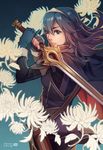  blue_eyes blue_hair cape commentary english_commentary eyelashes falchion_(fire_emblem) fingerless_gloves fingernails finni_chang fire_emblem fire_emblem:_kakusei flower gloves hair_between_eyes hairband holding long_hair long_sleeves looking_at_viewer looking_back lucina solo striped sword tiara unsheathed vertical_stripes watermark weapon web_address wind 
