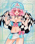  adapted_costume alternate_costume bad_id bad_pixiv_id blue_background breasts checkered choker cleavage hat large_breasts midriff mitsuba_(threeleaf) open_mouth panties pink_eyes pink_hair race_queen saigyouji_yuyuko short_hair skirt smile touhou traditional_media triangular_headpiece underwear white_panties 