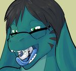  blue_tongue body_in_mouth dragon duo eric_the_dragon eyewear futonmania gale glasses green_eyes hair imminent_vore plain_background saliva simple_background soft_vore stripes teal_skin teeth tongue tongue_out vorarephilia vore 