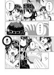  0_0 2girls ahoge broken clothes_writing comic greyscale grin hairband hiei_(kantai_collection) kantai_collection kongou_(kantai_collection) long_hair monochrome multiple_girls outstretched_arms shino_(ponjiyuusu) shirt short_hair skirt smile t-shirt translated younger 