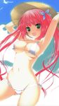  1girl artist_request bikini breasts green_eyes hat large_breasts long_hair makita_maki original pink_hair red_hair solo swimsuit twintails 
