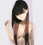  1girl breasts brown_hair closed_mouth commentary_request curtains eyebrows_visible_through_hair fingernails green_eyes grey_background hair_censor hair_over_breasts hand_up head_tilt long_hair looking_at_viewer medium_breasts nude original ryono_mizuki solo upper_body 