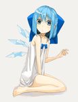  :/ bad_id bad_pixiv_id bare_legs bare_shoulders barefoot blue_eyes blue_hair bow chemise cirno collarbone dress full_body hair_bow ice ice_wings large_bow looking_at_viewer miruto_netsuki nightgown simple_background sitting solo touhou v-shaped_eyebrows wariza white_background wings 