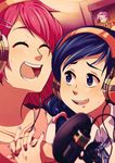  aida_mana alternate_hairstyle bad_id bad_tumblr_id blue_eyes blue_hair blurry blush closed_eyes collarbone commentary couple depth_of_field dokidoki!_precure hair_ornament hairclip headphones highres hishikawa_rikka holding_hands interlocked_fingers kenzaki_makoto long_hair microphone multiple_girls music open_mouth pink_hair precure purple_hair short_hair singing sweatdrop tricky yotsuba_alice yuri 