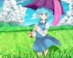  aqua_hair blue_eyes grass heterochromia karakasa_obake purple_umbrella red_eyes short_hair solo tatara_kogasa touhou tsukikusa umbrella 