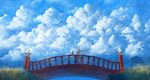  blue_dress blue_sky boots bridge cat cloud cloudy_sky commentary_request day dress grass highres leaning long_hair original railing river sakimori_(hououbds) scenery skirt sky very_wide_shot 