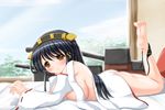  ass barefoot black_hair black_panties bottomless breasts brown_hair cannon detached_sleeves feet hair_ornament hairband hairclip haruna_(kantai_collection) kantai_collection large_breasts long_hair looking_at_viewer lying no_bra on_stomach panties panties_around_one_leg riku_(rikkuru) smile solo underwear 