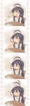  4koma :3 :d :o ^_^ afterimage ahoge ahoge_wag black_hair blush chair closed_eyes comic eating expressive_hair feeding food fork fruit happy heart long_hair open_mouth peach pov_feeding roke shakugan_no_shana shana smile spoken_heart strap_slip table 