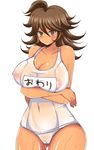  1girl afuro areolae breasts brown_eyes brown_hair cameltoe danganronpa female huge_breasts long_hair nipples one-piece_swimsuit owari_akane see-through simple_background solo standing super_danganronpa_2 swimsuit tan wet white_background 