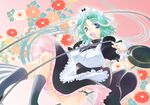  alice_soft blue_eyes chains flower frills frying_pan green_hair kikkawa_kiku kyouya maid open_mouth rance_(series) sengoku_rance socks 