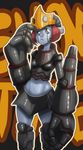  bad_id bad_tumblr_id big_o_(mecha) black_eyes blue_skin boots forehead_protector knee_boots mecha_musume midriff no_pupils oversized_forearms oversized_limbs personification red_hair short_hair skirt solo the_big_o whistle_frog 