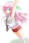  armpits arms_up blue_eyes chro groin hair_ornament hair_ribbon hairclip highres impossible_clothes impossible_shirt long_hair navel original pink_hair ribbon shirt short_shorts shorts smile solo 