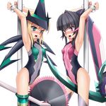  akatsuki_kirika armpits arms_up bangs black_hair blonde_hair blush bodysuit breasts covered_navel eto eyebrows_visible_through_hair green_eyes highres long_hair motion_blur multiple_girls purple_eyes restrained scared scythe senki_zesshou_symphogear short_hair small_breasts thighhighs tsukuyomi_shirabe weapon 